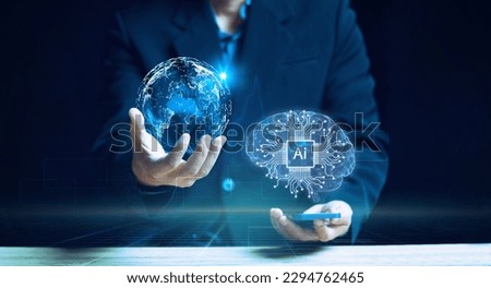 Businessman holding the global digital screen, digital layer effect, business strategy analytic concept, Big data, Cloud computing, Security computer network,data-driven organization.AI, Royalty-Free Stock Photo #2294762465