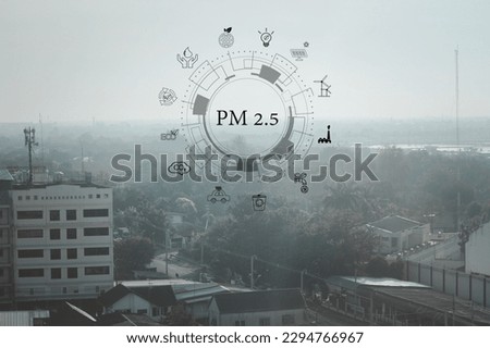 Smog city from PM 2.5 dust. Cityscape of buildings with bad weather and air pollution. PM 2.5 concept for background or copy space. Royalty-Free Stock Photo #2294766967