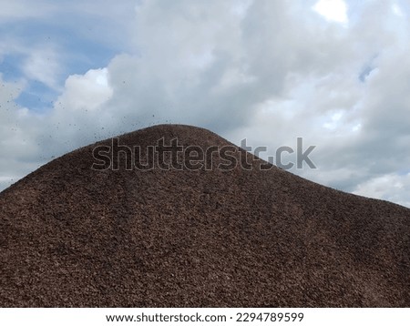 The pile of kernel shells the processing of the palm oil mill with the background of the blue sky Royalty-Free Stock Photo #2294789599