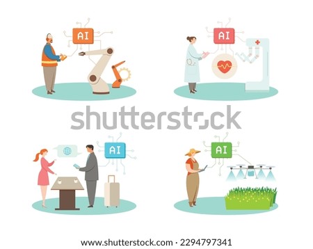 Vector illustration of working using AI in various industries