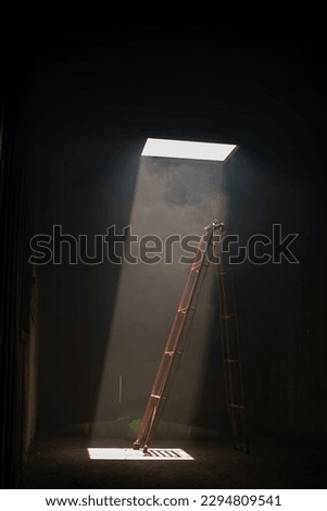 Vertical picture of the ladder was illuminated by the light pouring in the galvanized room and a dummy victim is lying on the floor.