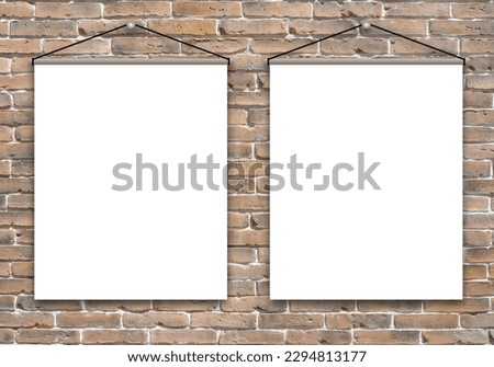 Two hanging white blank signs on brick wall background design template.
       