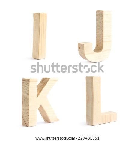 Set of four wooden block character I, J, K, L symbols, isolated over the white background