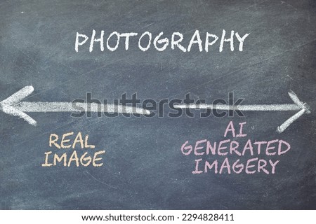 Real image vs AI generated imagery concept in photography on blackboard background.