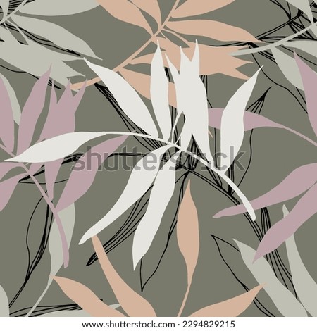Elegant seamless pattern with green hand drawn line tropical leaves. A contemporary collage with simple shapes. Modern exotic design for paper, cover, fabric, wallpaper, interior. Vector graphics. Royalty-Free Stock Photo #2294829215