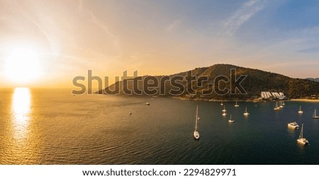 Aerial drone of bay Against Mountains at phuket. High Angle View Of Boats In Sea Against Sky.  Royalty-Free Stock Photo #2294829971