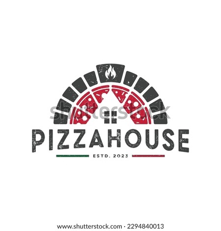 Pizza house logo vector with vintage style. tasty red pizza home made label icon concept logo template.