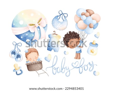 Watercolor illustration set of cute baby boy and baby stuff