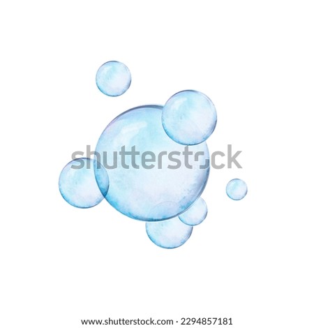 Watercolor drawn set of air bubbles on white background. Picture for illustration, stickers, logo, textile printing, patterns. Scillfully colored air or soap spheres of different sizes look realistic