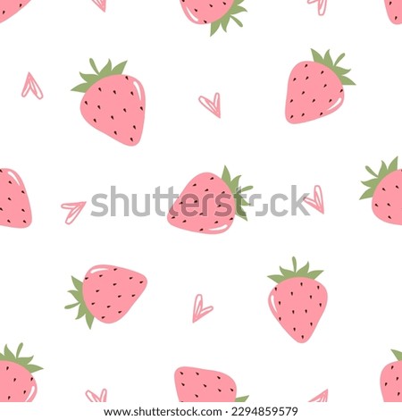 Seamless pattern of strawberry with green leaves and hand drawn hearts on white background vector illustration. Royalty-Free Stock Photo #2294859579