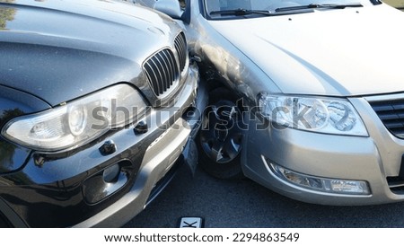 Traffic accident. Wrecked car. Car crashed into parked car on neighborhood street. Royalty-Free Stock Photo #2294863549