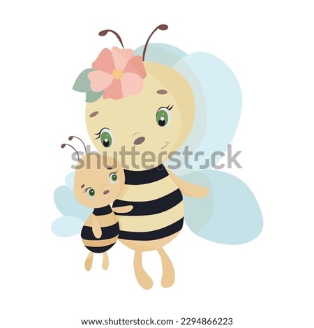 Cute bee illustration with bee. Mother and son. Mom and daughter. Baby illustration, Poster.