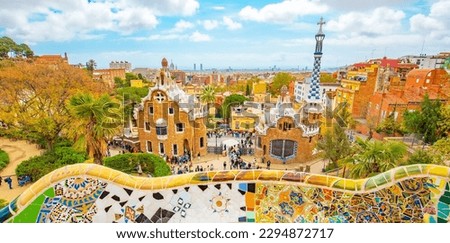 Barcelona city skyline, view from famous Park Güell, Spain travel photo. Guell Park is one of the most popular attractions in Barcelona city.