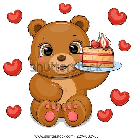 A cute cartoon bear is holding a plate with a piece of cake. Vector illustration of an animal with red hearts on a white background.