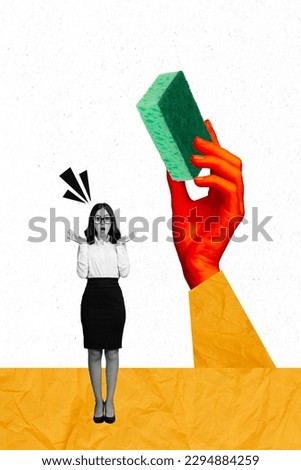 Artwork magazine collage picture of impressed business lady scared home chores isolated drawing background