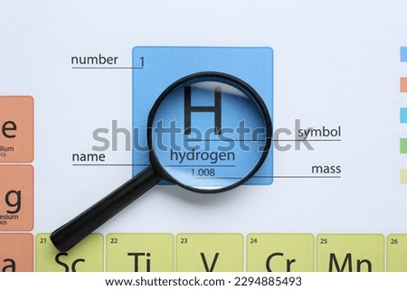 Symbol Hydrogen and magnifying glass on periodic table of chemical elements, top view
