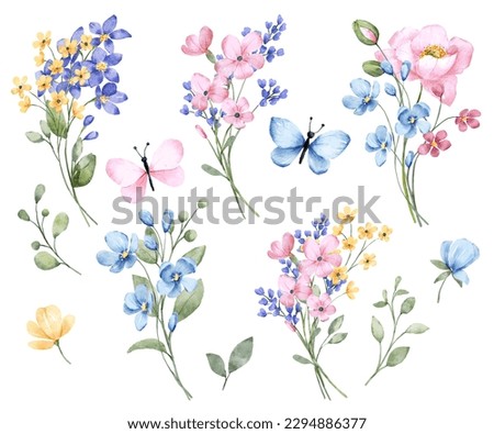 Set watercolor flowers painting, floral vintage bouquet illustrations with wildflowers and leaves. Decoration for poster, greeting card, birthday, wedding design. Isolated on white background.