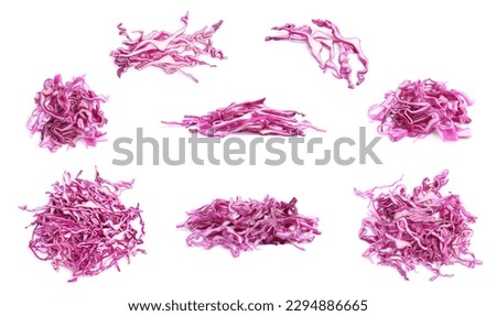 Collage with piles of shredded fresh red cabbage on white background Royalty-Free Stock Photo #2294886665