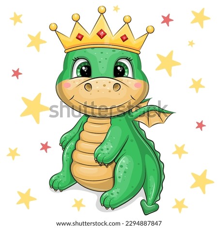 Cute cartoon green dragon king wearing a golden crown. Vector illustration of a royal animal on a white background with yellow and red stars.