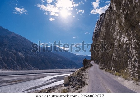 road with two sides are high mountains, and blue sky. Beautiful scenery on the way to pangong lake, Leh, Ladakh, Jammu and Kashmir, India