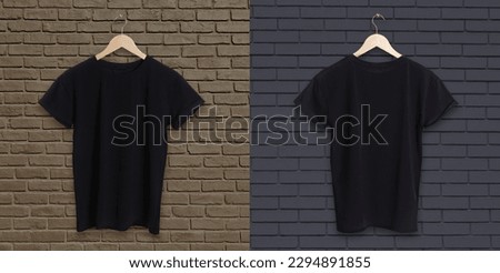 Stylish black t-shirts on brick walls, back and front views. Space for design