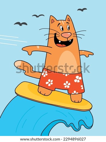 A cat rides the wave. Surfing. Vector illustration