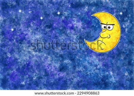 illustration of angry cartoon moon in watercolor night 