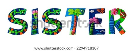 Colorful sister comic alphabet character nursery childish name tropical botanical handmade kid snake animal word.