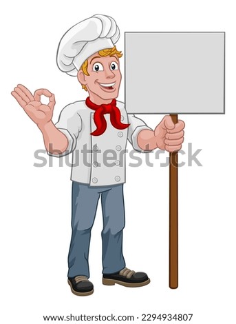 A chef cook or baker man cartoon character giving a perfect or okay chefs hand sign and holding a signboard
