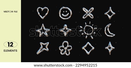 Vector illustration - Set of chrome Y2K elements. Trendy shapes with  glossy liquid metal effect. Stickers heart, stars, smile, sun, moon, flowers. Great for your design web or print projects. Royalty-Free Stock Photo #2294952215