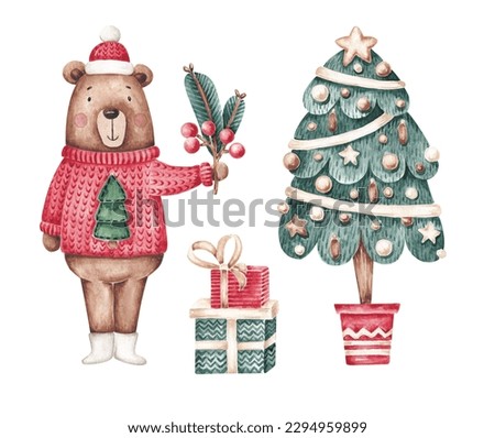 Christmas clip art isolated on white. Xmas tree, bear, presents and other objects. Cute kids design in cartoon style. Hand drawn by watercolor