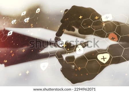 Creative concept of abstract medical illustration and finger clicks on a digital tablet on background. Medicine and healthcare concept. Multiexposure