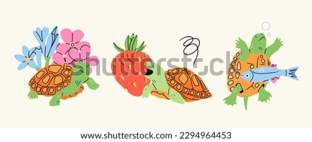 Set of cute little Turtles. Cartoon style characters. Hand drawn Vector illustration. Isolated design elements. Protect and save sea creatures, tortoise, animal world day concept