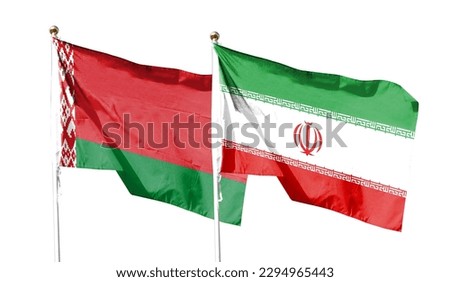 Iran flag and Belarus flag on cloudy sky. waving in the sky Royalty-Free Stock Photo #2294965443