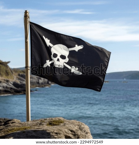 Pirate flag with a skull and crossbones on a flagpole against the background of the sea.