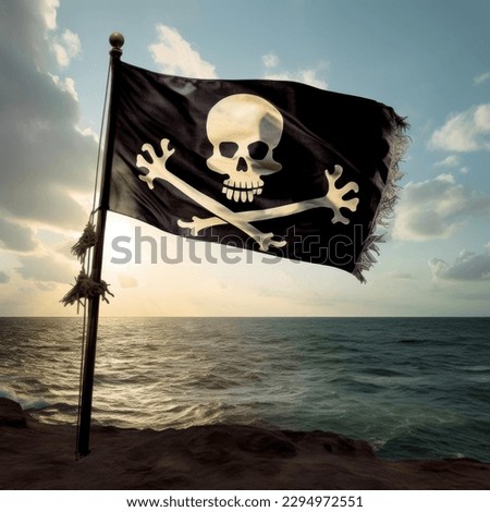 Pirate flag with a skull and crossbones on a flagpole against the background of the sea.