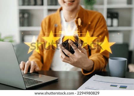 Customer or client the stars to complete five stars. with copy space. giving a five star rating. Service rating, satisfaction concept. Royalty-Free Stock Photo #2294980829