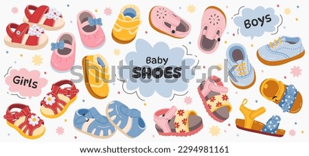 Childrens shoes flat illustrations. Trendy summer sandals for boys and girls and sneakers. Fashionable footwear for kids. Colorful textile with flowers. Color design elements Royalty-Free Stock Photo #2294981161