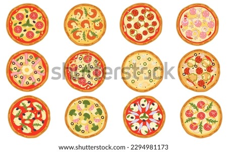 Italian pizza flat illustrations. Ingredients for creating tasty fast food. Margarita, double cheese and seafood pizzas recipes. Delicious dishes design elements