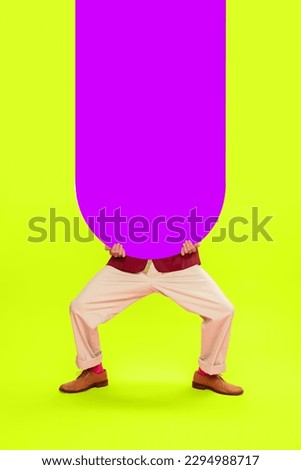 Man in classical clothes against vivid yellow background. Purple empty space for text. Vertical layout. Pop art style. Concept of art, creative vision, fashion. Complementary colors. Copy space for ad