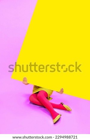 Female legs in colorful tights over yellow and pink background. Empty space for text. Pop art photography. Concept of art, creative vision, fashion. Complementary colors. Banner. Copy space for ad