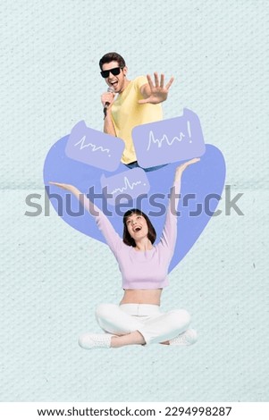 Vertical collage artwork portrait of two excited people sing microphone dialogue lyrics karaoke bubble isolated on painted background