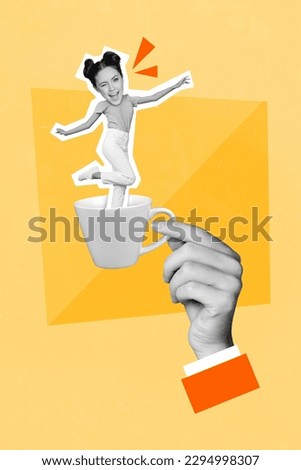Vertical collage picture of arm hold coffee cup excited black white colors girl dancing inside isolated on beige background