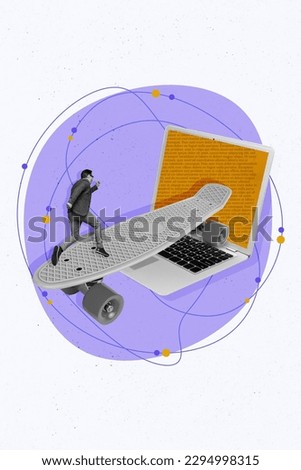 Artwork sketch collage photo of running man riding skateboard inside laptop screen browsing internet news isolated on purple background Royalty-Free Stock Photo #2294998315