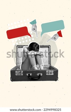 Photo of moody young girl collage sitting inside baggage hiding face crying community bullying her harassment isolated on beige background Royalty-Free Stock Photo #2294998325