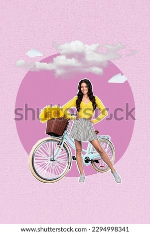 Creative banner collage of beautiful lady prepare woman day collect sun flowers on vintage cycle