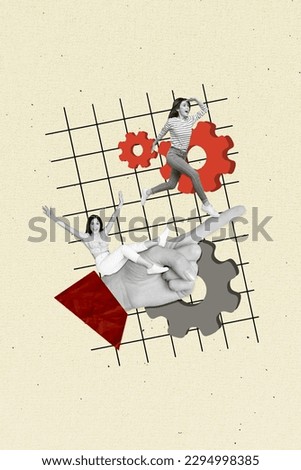 Creative poster banner collage of mini business people company workers develop winning strategy using cog wheel mechanism
