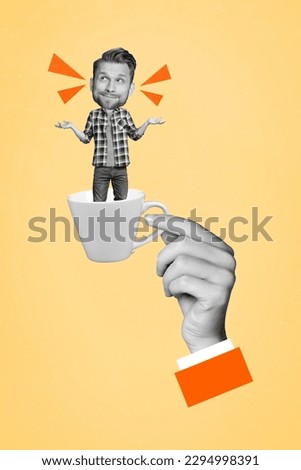 Vertical collage picture of black white gamma arm fingers hold coffee cup mini clueless minded guy inside isolated on beige background