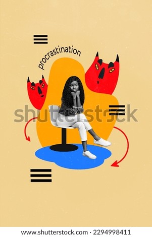 Vertical collage image of black white gamma sad minded girl sit chair ponder drawing devil procrastination isolated on beige background