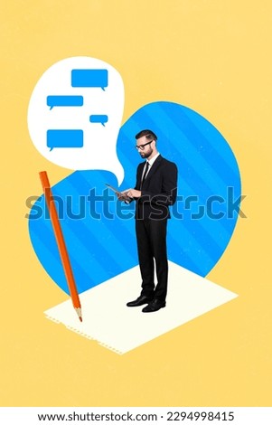 Vertical conceptual collage of business man chatting colleagues partners modern technology e reader creative picture background